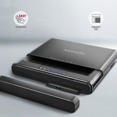 Axagon USB 3.2 Gen 2 adapter for connecting NVMe M.2 SSDs and SATA 2.5"/3.5" drives with cloning function.