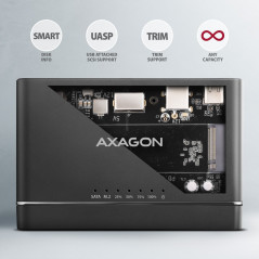 Axagon USB 3.2 Gen 2 adapter for connecting NVMe M.2 SSDs and SATA 2.5"/3.5" drives with cloning function.