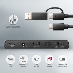 Axagon USB 3.2 Gen 2 adapter for connecting NVMe M.2 SSDs and SATA 2.5"/3.5" drives with cloning function.