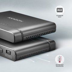 Axagon USB 3.2 Gen 2 adapter for connecting NVMe M.2 SSDs and SATA 2.5"/3.5" drives with cloning function.