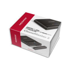 Axagon USB 3.2 Gen 2 adapter for connecting NVMe M.2 SSDs and SATA 2.5"/3.5" drives with cloning function.