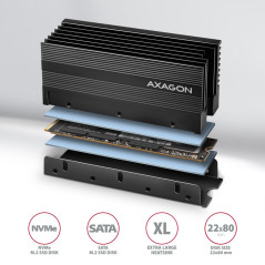 Axagon Passive aluminum heatsink for single-sided and double-sided M.2 SSD disks, size 2280, height 36 mm.