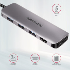 Axagon Multi port USB 3.2 Gen 1 hub. HDMI, card reader and three USB-A outputs. Cable USB-C 20 cm.