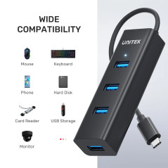 Unitek хъб HUB USB-C 4 port - 4 x USB3.0 Black - Y-3089Z01