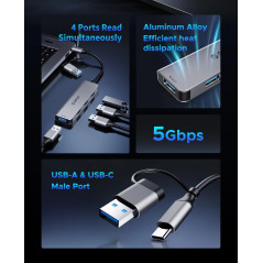 Orico хъб HUB USB-C/A 4 port - USB3.0 x 1, SD/TF x 2, USB2.0 x 2, USB-C x 2, Aluminium - YSA6-U3-GY
