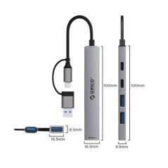 Orico хъб HUB USB-C 5 port - USB3.0 x 1, USB2.0 x 2, USB-C x 2, Aluminium - YSA4-U2-GY