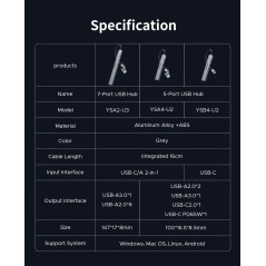 Orico хъб HUB USB-C 5 port - USB3.0 x 1, USB2.0 x 2, USB-C x 2, Aluminium - YSA4-U2-GY