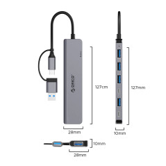 Orico хъб HUB USB-C/USB-A 7 port - USB-C x 2, USB3.0 x 1, USB2.0 x 4, Aluminium - YSA7-U3-GY