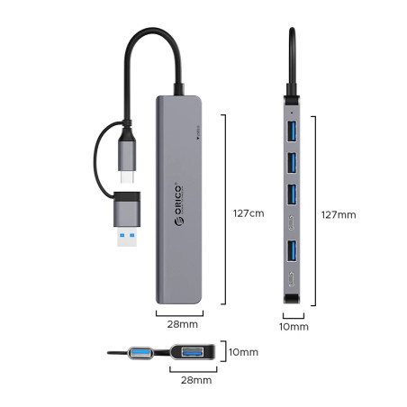 Orico хъб HUB USB-C/USB-A 7 port - USB-C x 2, USB3.0 x 1, USB2.0 x 4, Aluminium - YSA7-U3-GY