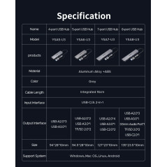 Orico хъб HUB USB-C/USB-A 7 port - USB-C x 2, USB3.0 x 1, USB2.0 x 4, Aluminium - YSA7-U3-GY