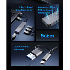 Orico хъб HUB USB-C/USB-A 4 port - USB3.0 x 1, USB2.0 x 3, Aluminium - YSA5-U3-GY