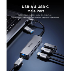 Orico хъб HUB USB-C/USB-A 4 port - USB3.0 x 1, USB2.0 x 3, Aluminium - YSA5-U3-GY