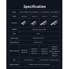 Orico хъб HUB USB-C/USB-A 4 port - USB3.0 x 1, USB2.0 x 3, Aluminium - YSA5-U3-GY