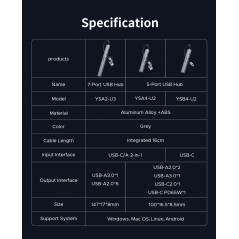Orico хъб HUB USB-C 5 port - USB3.0 x 1, USB2.0 x 2, USB-C x 2, Aluminium - YSB4-U2-GY