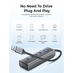 Orico хъб HUB USB3.0 4 port, Aluminium, Grey - PDD4U-U3-015-GY