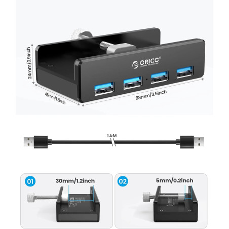 Orico хъб USB 3.0 HUB Clip Type 4 port - aux Micro-USB power input, Black - MH4PU-P-BK