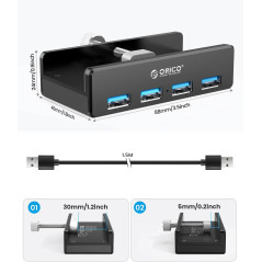 Orico хъб USB 3.0 HUB Clip Type 4 port, Black - MH4PU-BK