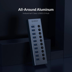 Orico хъб USB3.0 HUB 7 port with Power Adapter, On/Off buttons, Aluminium - BT2U3-7AB-EU-GY