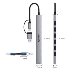 Orico хъб HUB USB-C/USB-A 7 port - USB3.0 x 1, USB2.0 x 6 - YSA2-U3-GY