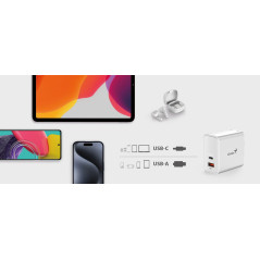 Genius Универсално зарядно за стена Charger Wall GaN - USB Type-C/A 65W White - PD-65AC