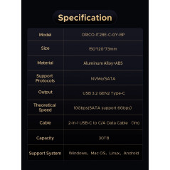Orico докинг станция Storage - HDD/M.2 Dock - 2 BAY Offline Clone 2.5/3.5/M.2 NVMe USB-C/USB-A - IT28E-C-EU-GY