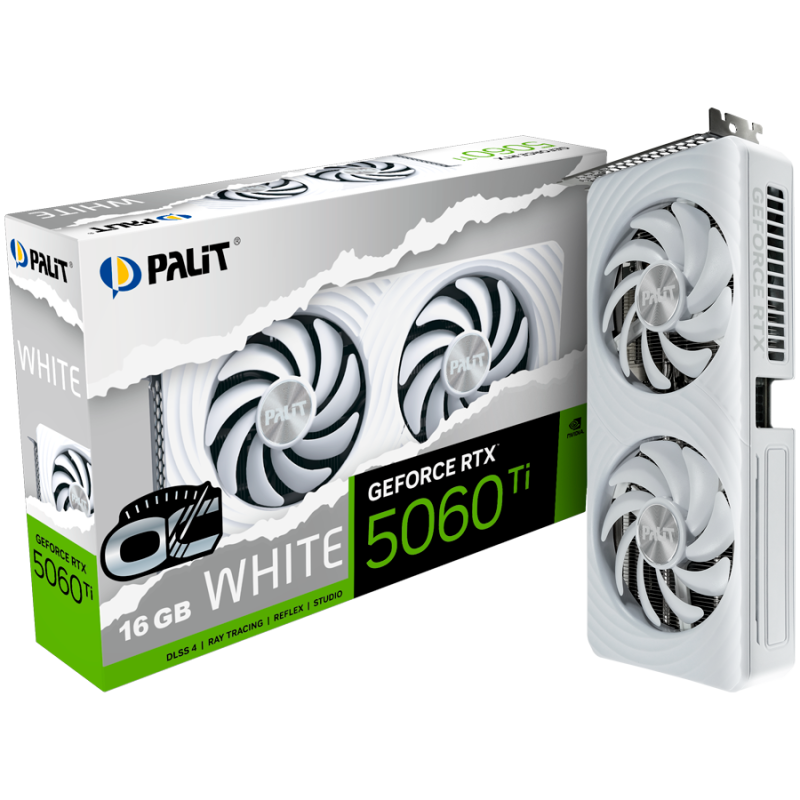 Palit GeForce RTX 5060 Ti WHITE OC 16GB GDDR7, 128 bit, 1x HDMI 2.1b, 3x DP 2.1b, 2 Fan, 1x 8-pin pwr connector, 600W, 262.1 x 1
