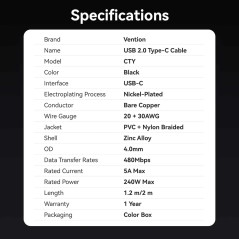 Vention кабел Cable - USB2.0 Type-C to Type-C - 5A Fast Charging, 240W, PD3.1, 1.2m - CTYBAV