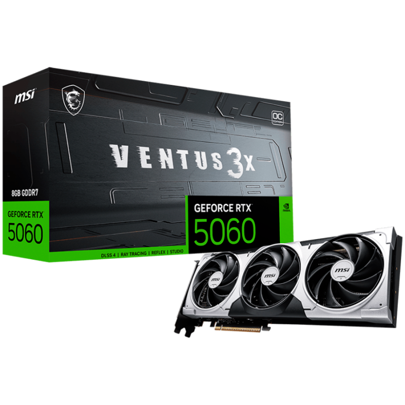 MSI Video Card NVIDIA GeForce RTX 5060 8G VENTUS 3X OC, 8GB GDDR7, 128-bit, 2550 MHz Boost, 3840 CUDA Cores, PCIe 5.0 (x8), 3x D