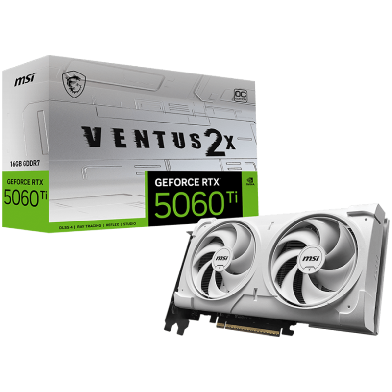 MSI Video Card NVIDIA GeForce RTX 5060 Ti 16G VENTUS 2X OC WHITE PLUS, 16GB GDDR7, 128-bit, 2602 MHz Boost, 4608 CUDA Cores, PCI