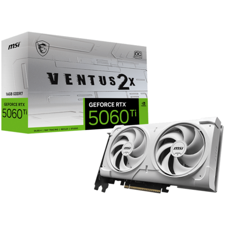 MSI Video Card NVIDIA GeForce RTX 5060 Ti 16G VENTUS 2X OC WHITE PLUS, 16GB GDDR7, 128-bit, 2602 MHz Boost, 4608 CUDA Cores, PCI