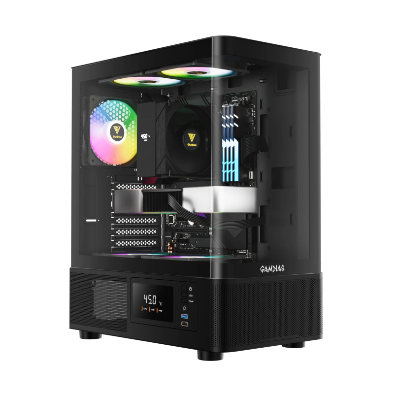 Gamdias кутия Case ATX - ATLAS E2 - 3 x 120 mm A-RGB, Digital Display, Curved Glass